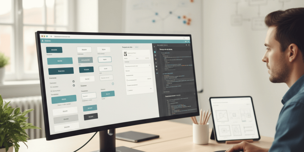 un homme qui regarde un écran d'ordinateur. Il est devant un design system